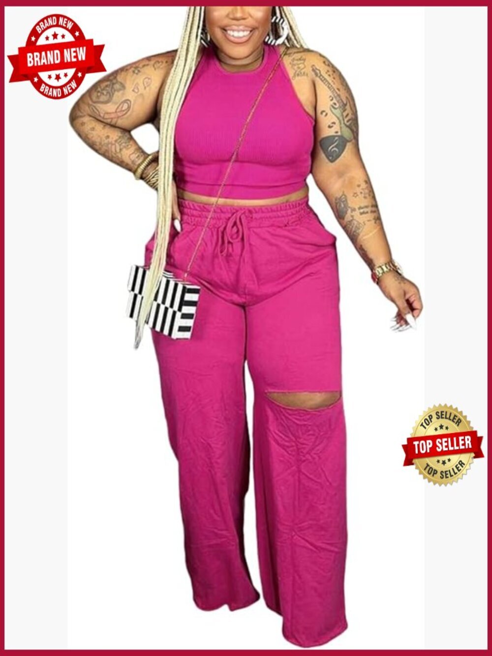 2 Piece Outfits Sleeveless Ribbed Knit Tank Top Ripped Wide Leg Pants Tracksuit